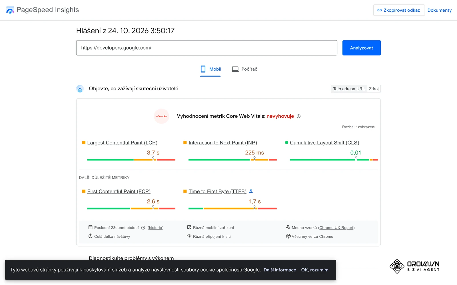 Přehled Google PageSpeed Insights s hodnotami Core Web Vitals (LCP, INP, CLS) pro zadanou adresu.