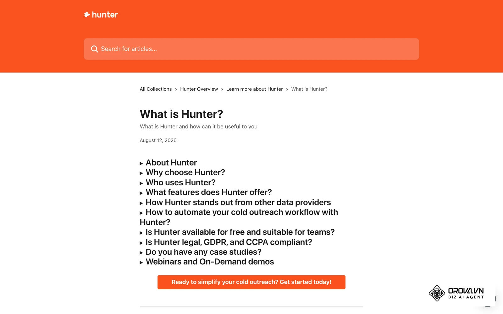 Opisyal na help center ng Hunter.io: paliwanag kung ano ang ginagawa ng isang email finder tool.