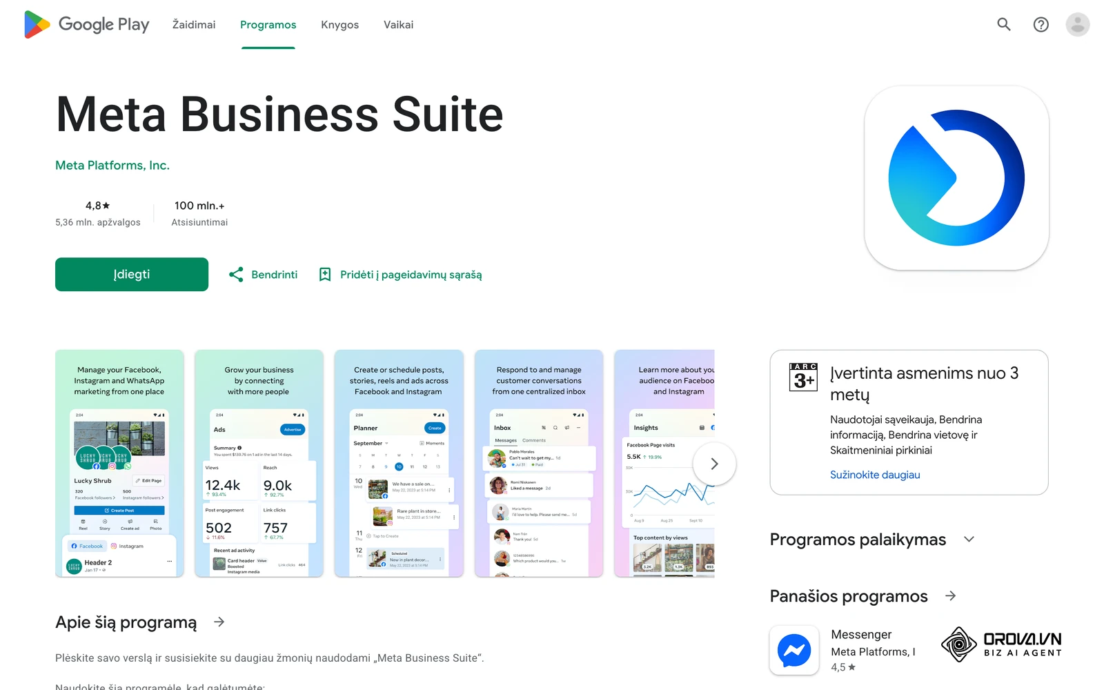 Oficialus Meta Business Suite puslapis Google Play parduotuvėje: programėlės ekrano nuotraukose matyti planavimo kalendorius suplanuotiems įrašams.