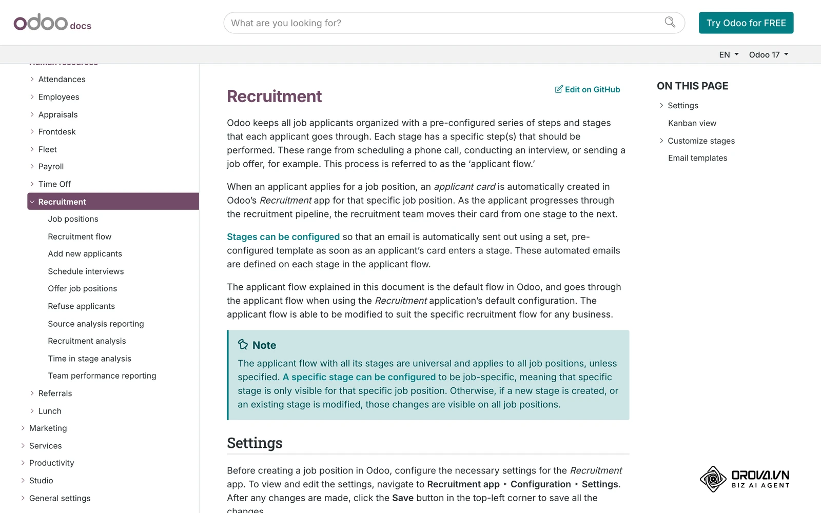 Documentazione ufficiale di Odoo Recruitment: il flusso del candidato (applicant flow) organizzato in fasi, con il menu delle funzioni di selezione.