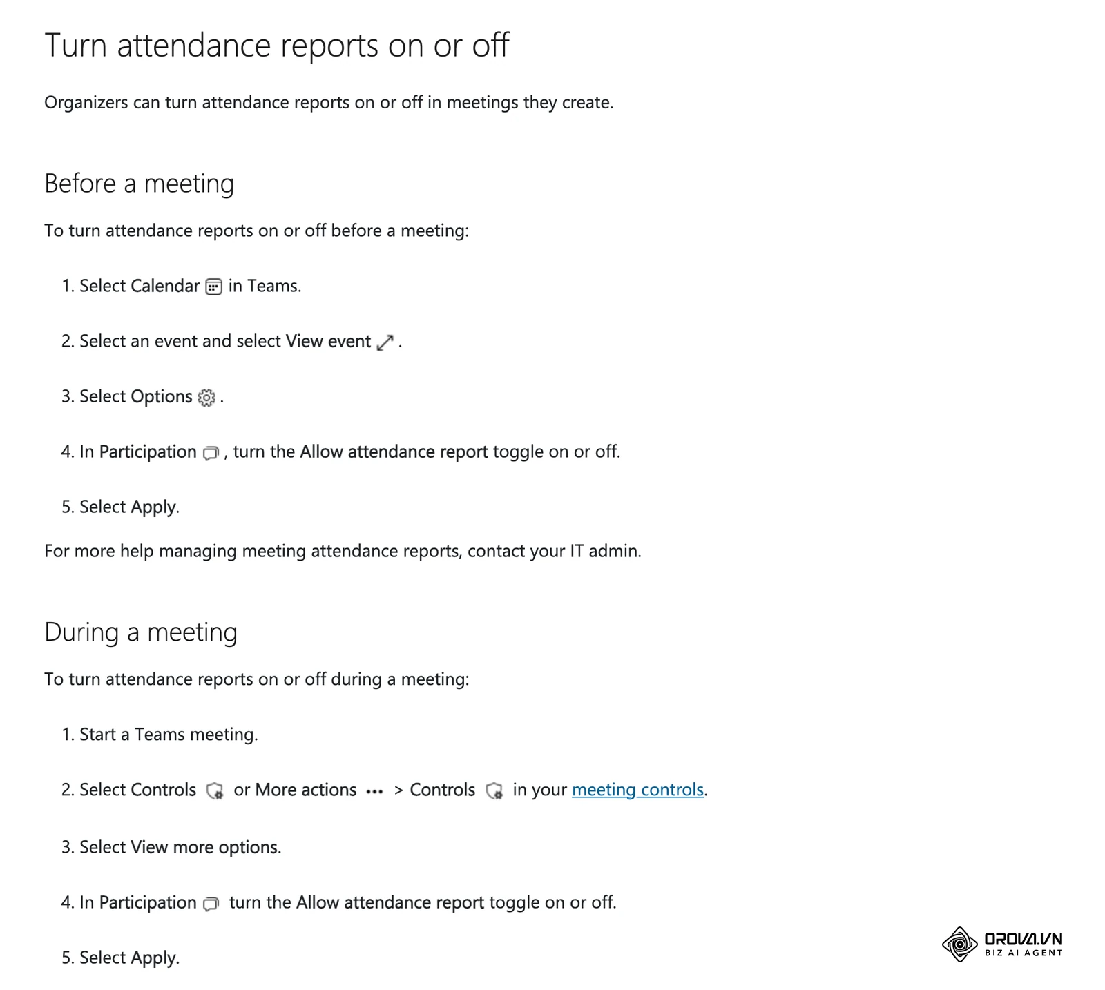 Langkah menghidupkan laporan kehadiran (Allow attendance report) sebelum dan semasa mesyuarat, halaman sokongan rasmi Microsoft Teams (tiada versi bahasa Melayu).