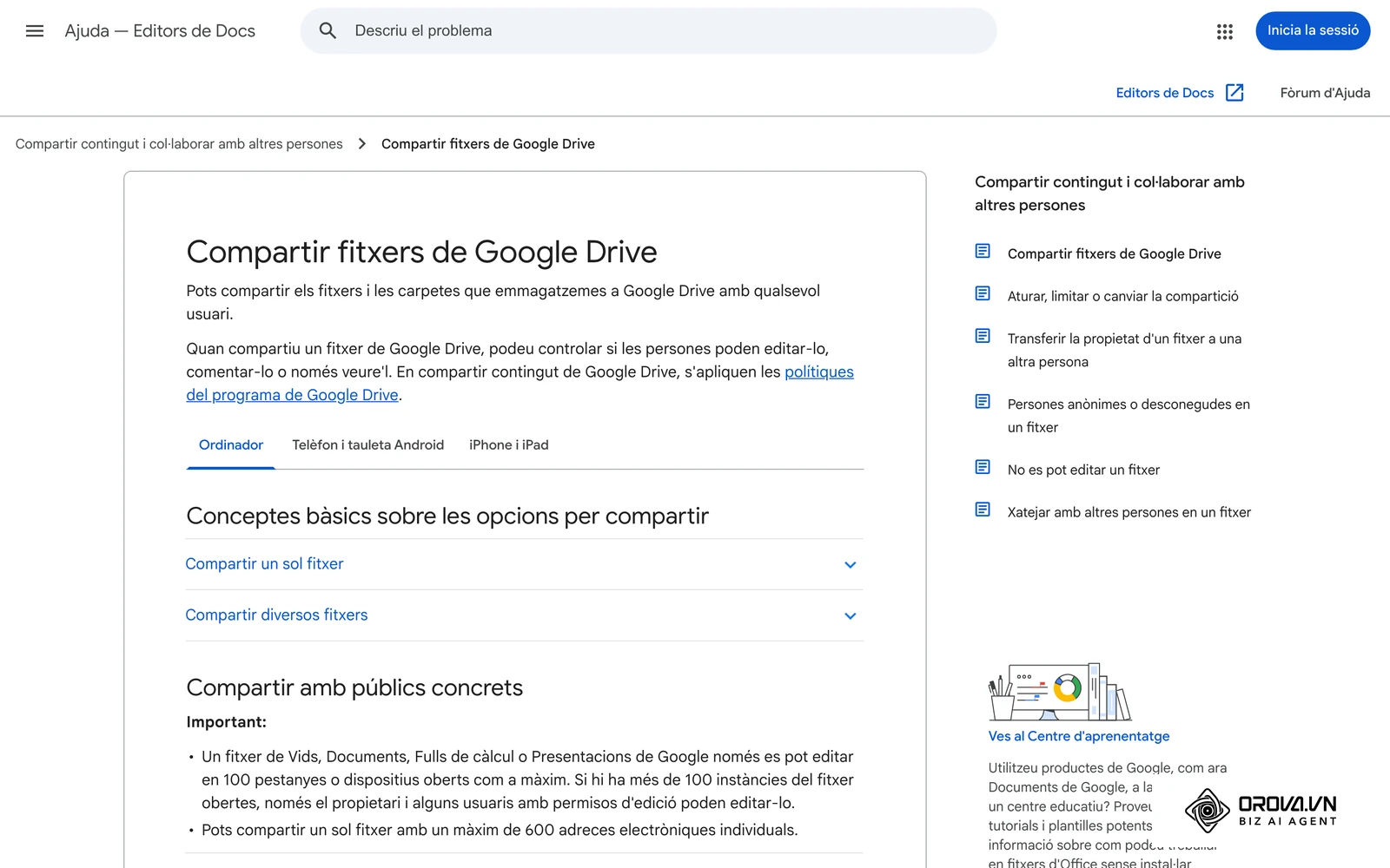 Ajuda de Google en català sobre com compartir fitxers i triar qui pot veure'ls o editar-los: convé revisar aquests permisos del full de clients abans de migrar-lo.