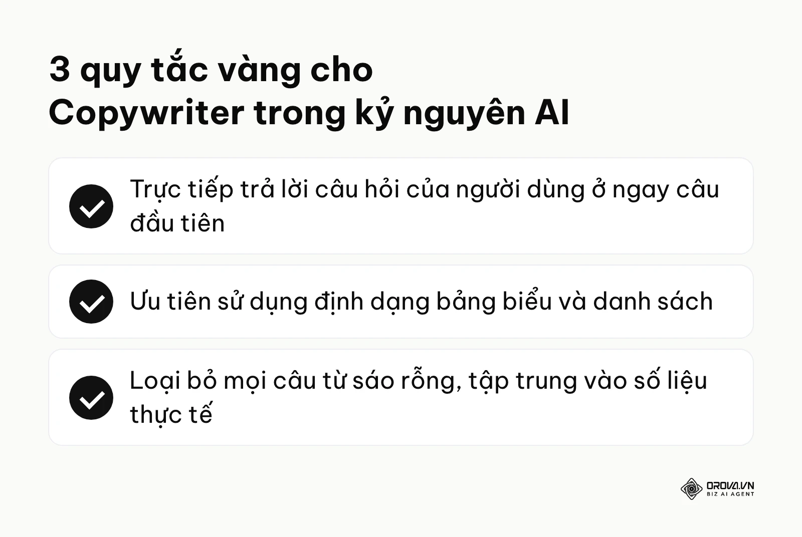 Bảng kiểm tóm tắt 3 quy tắc viết bài: trả lời trực tiếp, dùng bảng biểu và loại bỏ từ sáo rỗng.