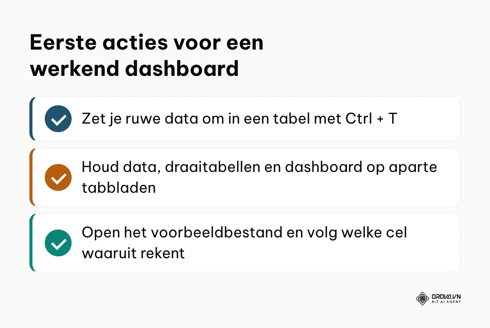 Samenvattend overzicht met de drie belangrijkste startpunten voor Excel-dashboardbouwers