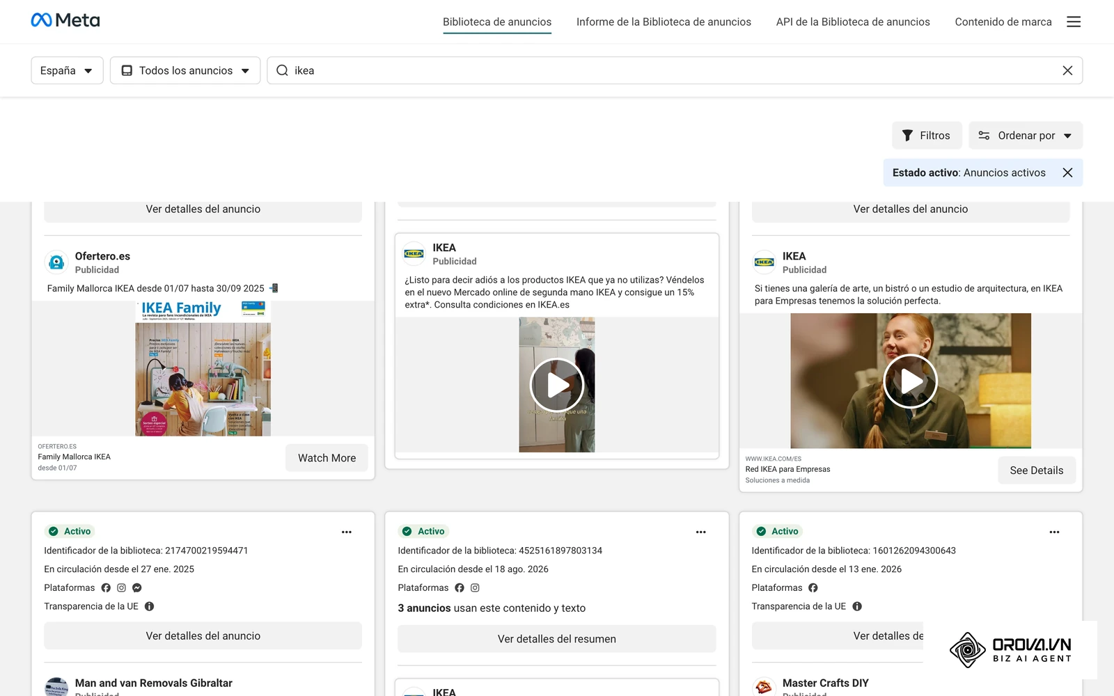 Biblioteca de Anuncios de Meta: anuncios activos en Facebook e Instagram en España, útil para estudiar cómo se prueban varias creatividades a la vez.