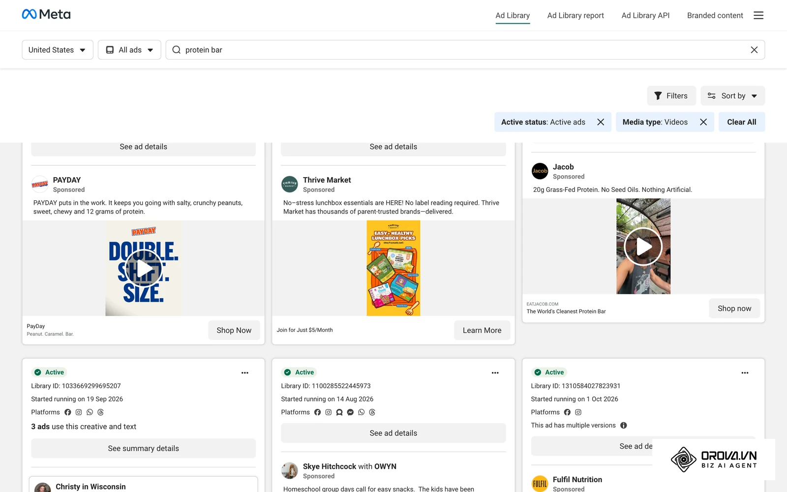 Meta Ad Library results for active US video ads about protein bars: compare how different advertisers open their videos before you write your own hook variations.