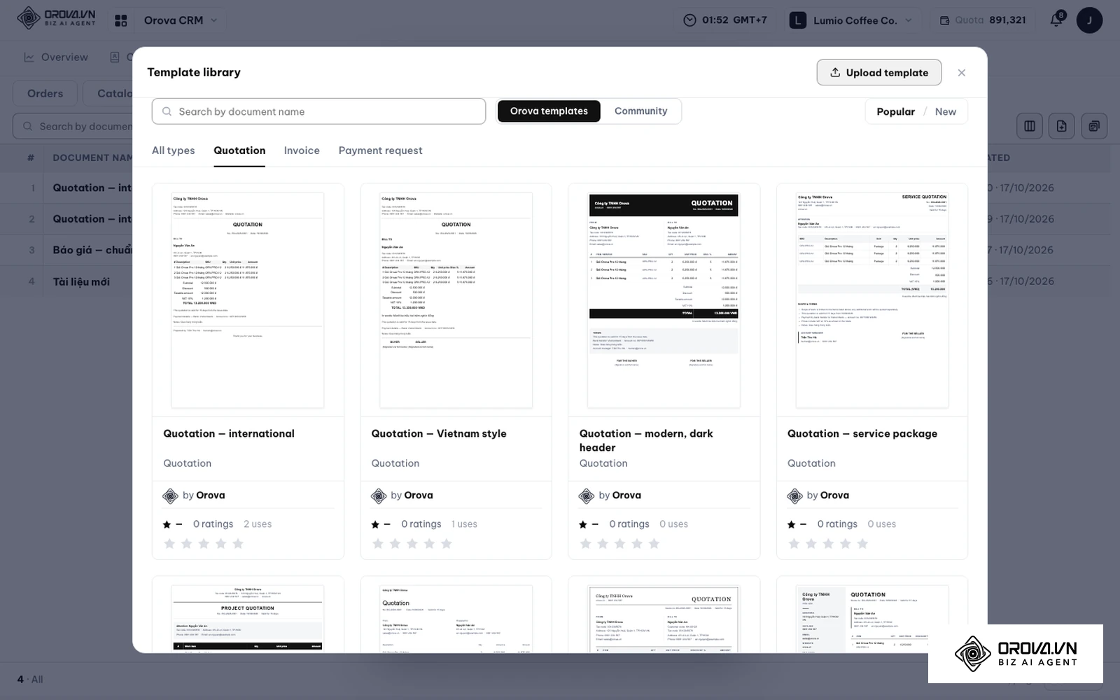Orova CRM, бібліотека шаблонів (Template library): готові шаблони Quotation, Invoice і Payment request, вкладки Orova templates і Community, кнопки Upload template та Use this template.