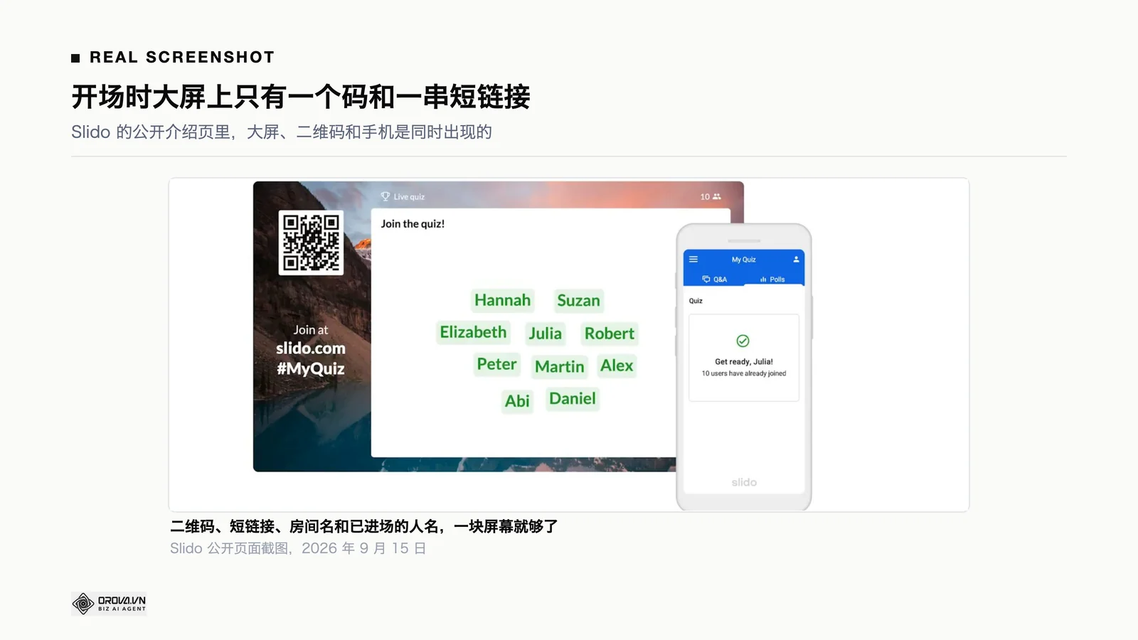 Slido 公开介绍页里的主持屏:大屏中央是进场二维码,下方是短链接,右边是参与者的手机