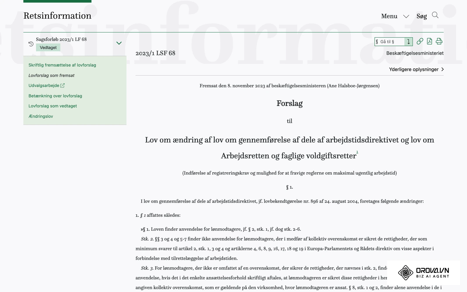 Lovforslag L 68, fremsat 8. november 2023 og vedtaget, om indførelse af registreringskrav i arbejdstidsloven – vist på retsinformation.dk.