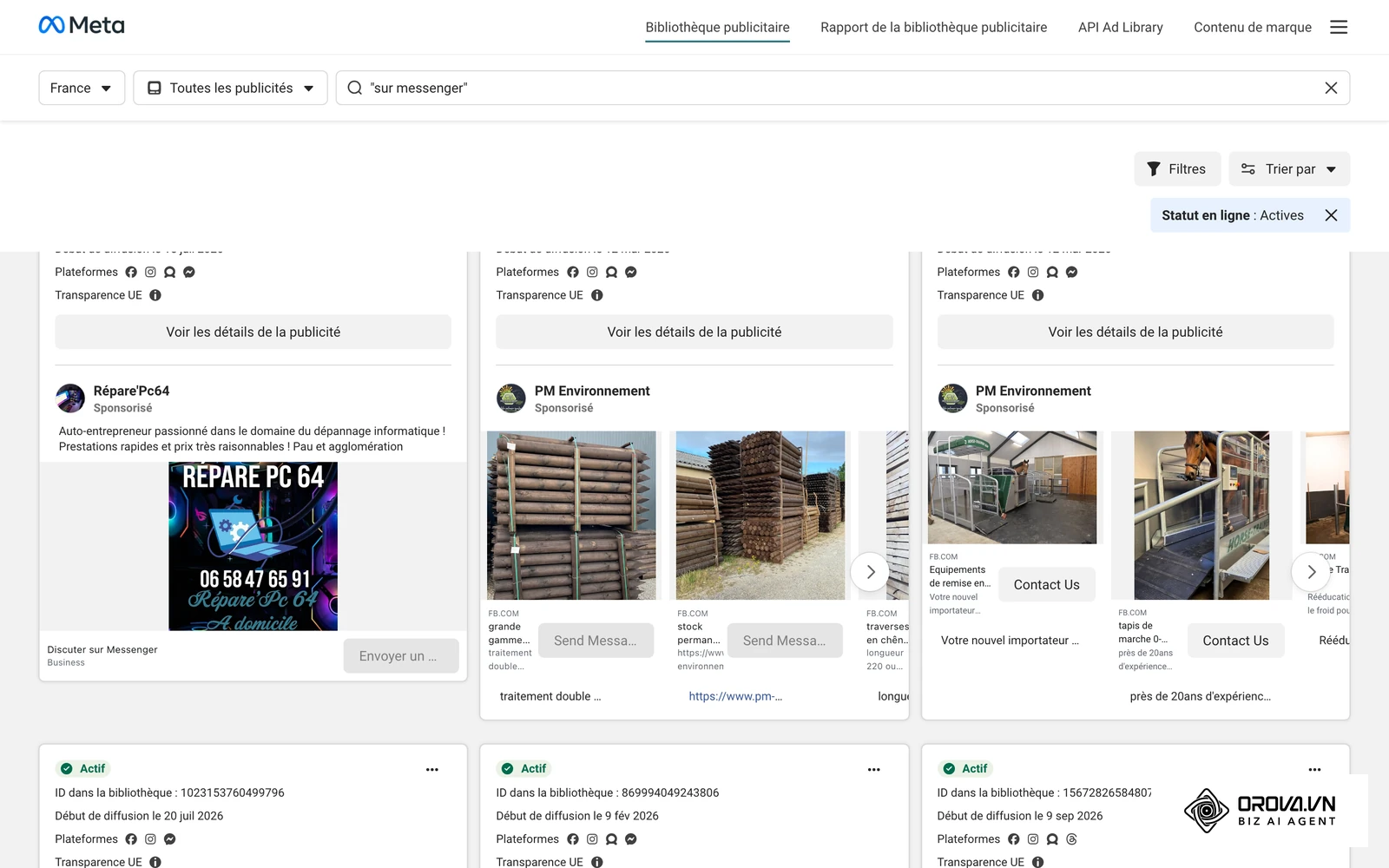 Bibliothèque publicitaire de Meta : annonces actives en France contenant « sur Messenger », avec les boutons Discuter sur Messenger et Send Message.