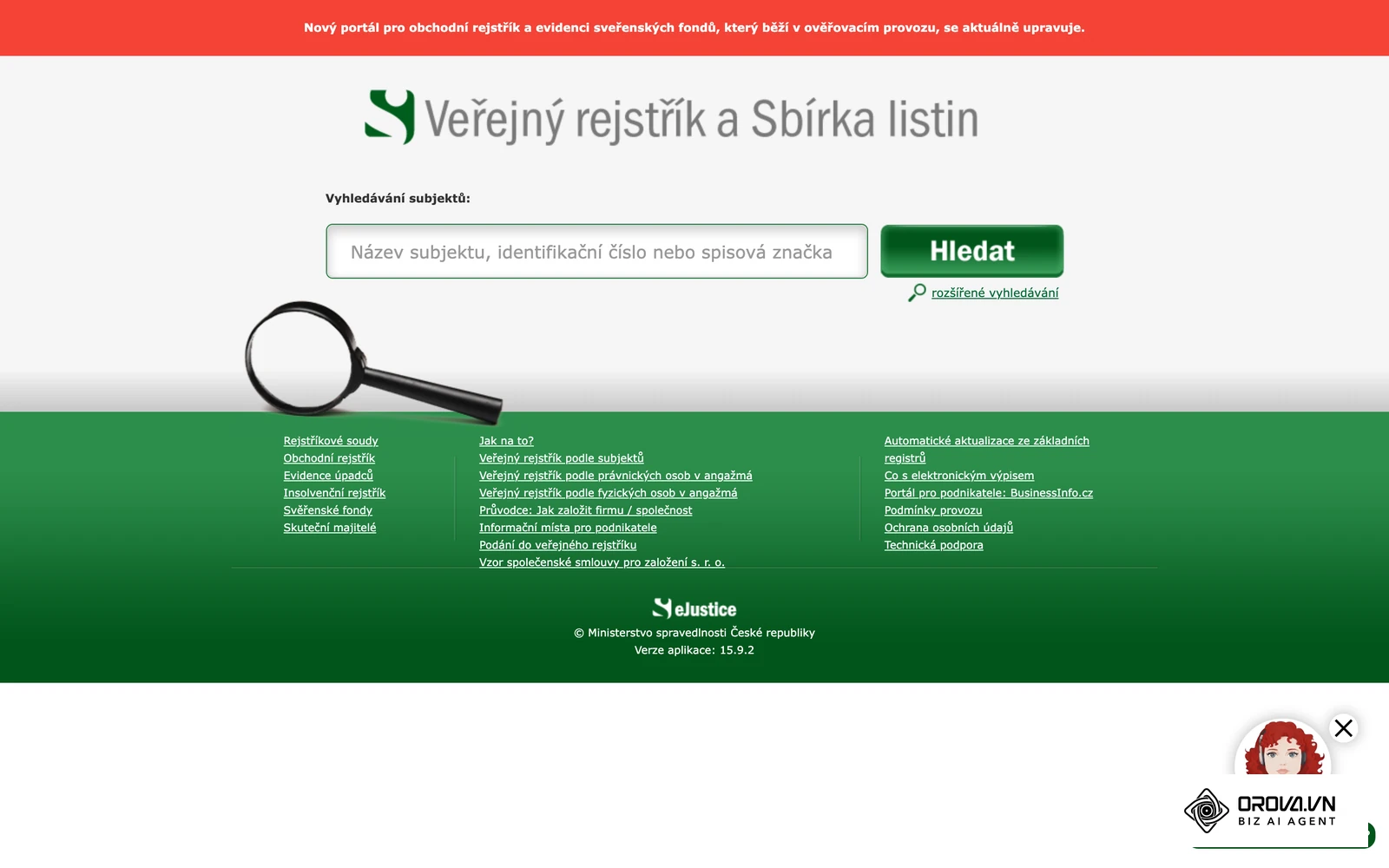 Vyhledávání ve Veřejném rejstříku a Sbírce listin Ministerstva spravedlnosti (or.justice.cz).