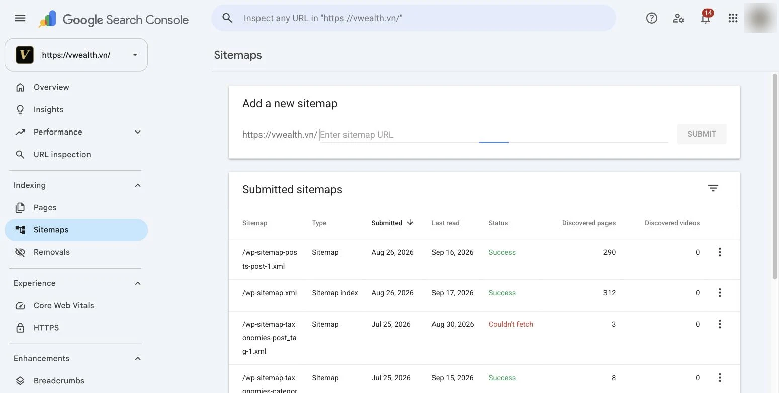 ផ្ទាំង Sitemaps ក្នុង Google Search Console របស់ vwealth.vn៖ ប្រអប់ Add a new sitemap និងតារាង Submitted sitemaps ដែលបង្ហាញស្ថានភាព Success និង Couldn't fetch (គេហទំព័រនេះប្រើ sitemap លំនាំដើមរបស់ WordPress ពេលប្រើ Yoast SEO អ្នកនឹងដាក់ស្នើ sitemap_index.xml)
