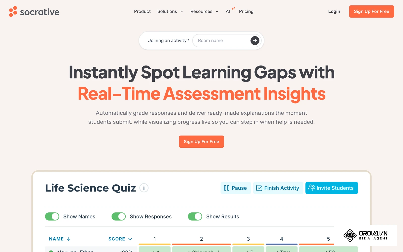 Socrative's homepage introduces its classroom assessment tools.