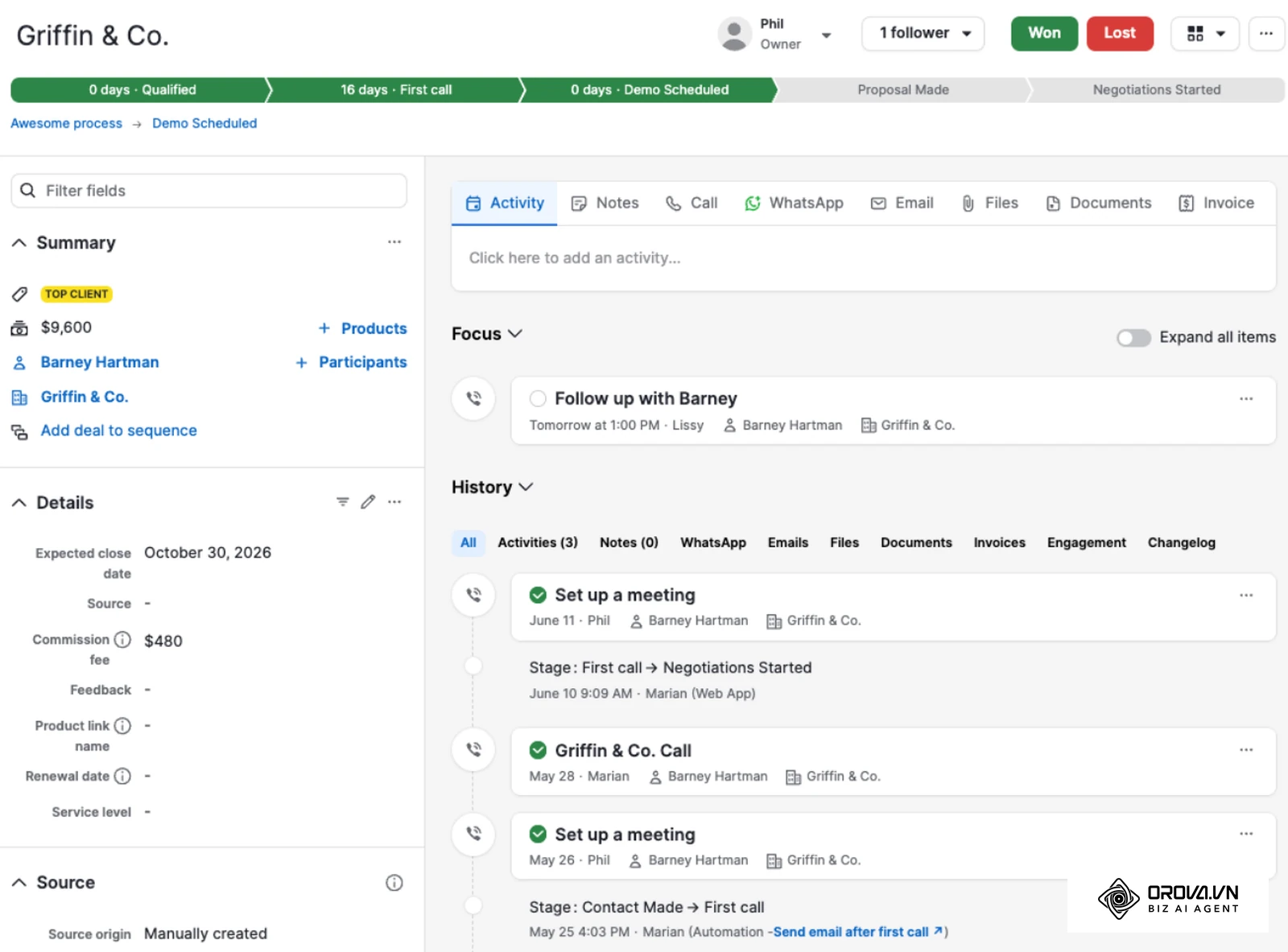 Fișa unei oportunități în Pipedrive: etapele, activitățile, notele și istoricul într-un singur ecran, utile de verificat în testul pilot (captură din pagina de ajutor Pipedrive).