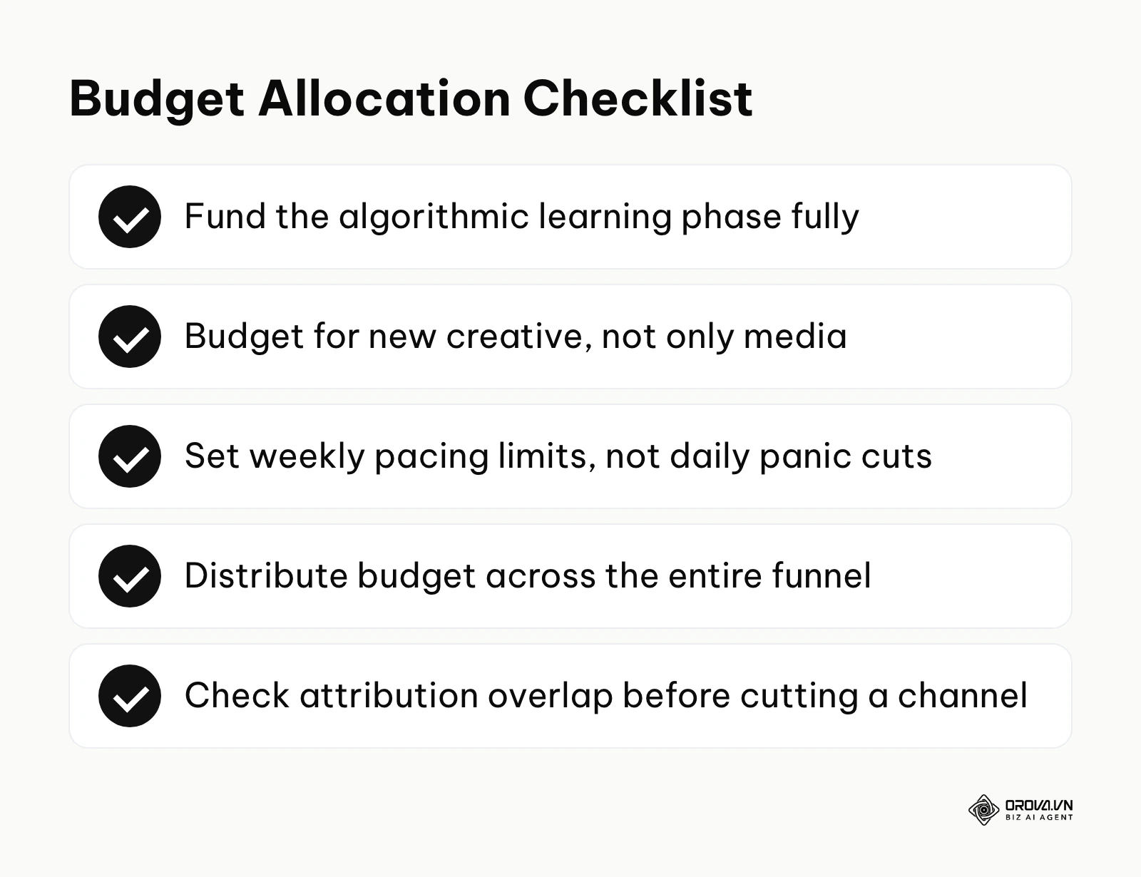 Checklist summarizing how to fix common ads budget allocation mistakes.