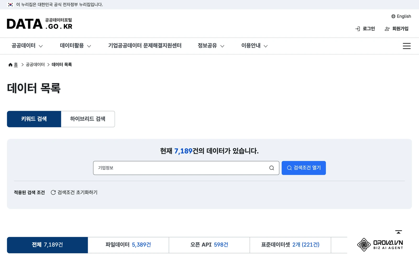 공공데이터포털에서 '기업정보'로 검색한 공개 데이터셋 목록