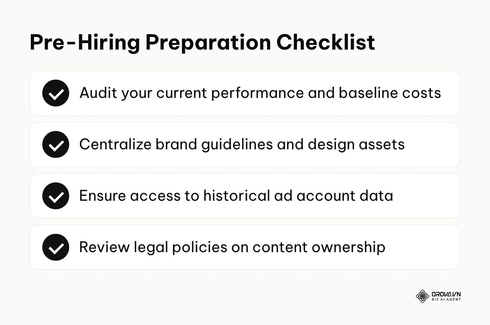 A checklist summarizing the essential steps to take before hiring an AI marketing agency.