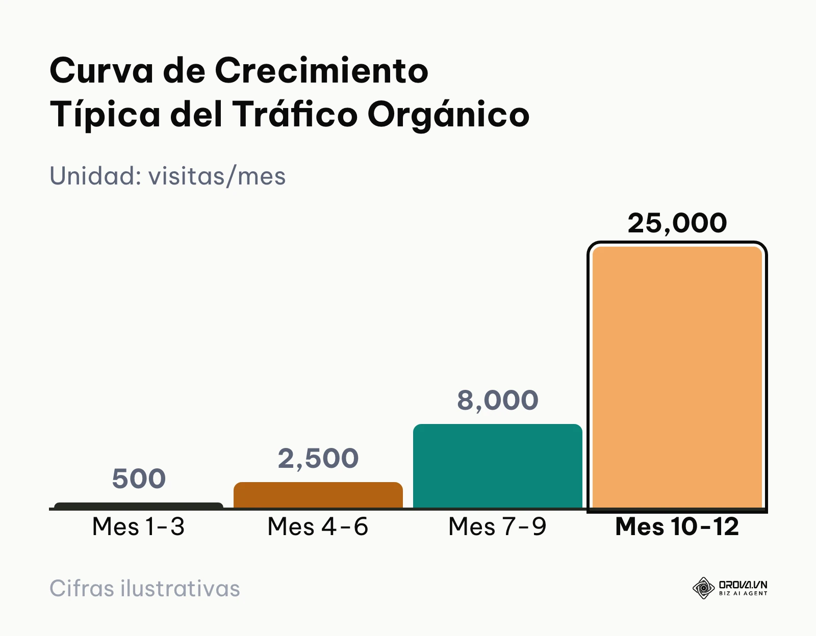 Gráfico de barras ilustrando un crecimiento exponencial del tráfico web a lo largo de los doce primeros meses de trabajo constante.