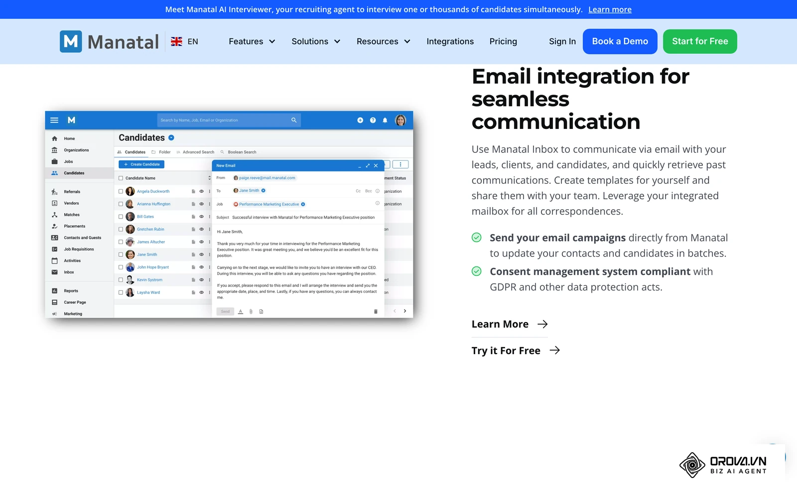 Inside a recruitment CRM: Manatal's candidate list with the built-in inbox, where a recruiter writes a follow-up email to a candidate (screenshot from Manatal's public feature page).