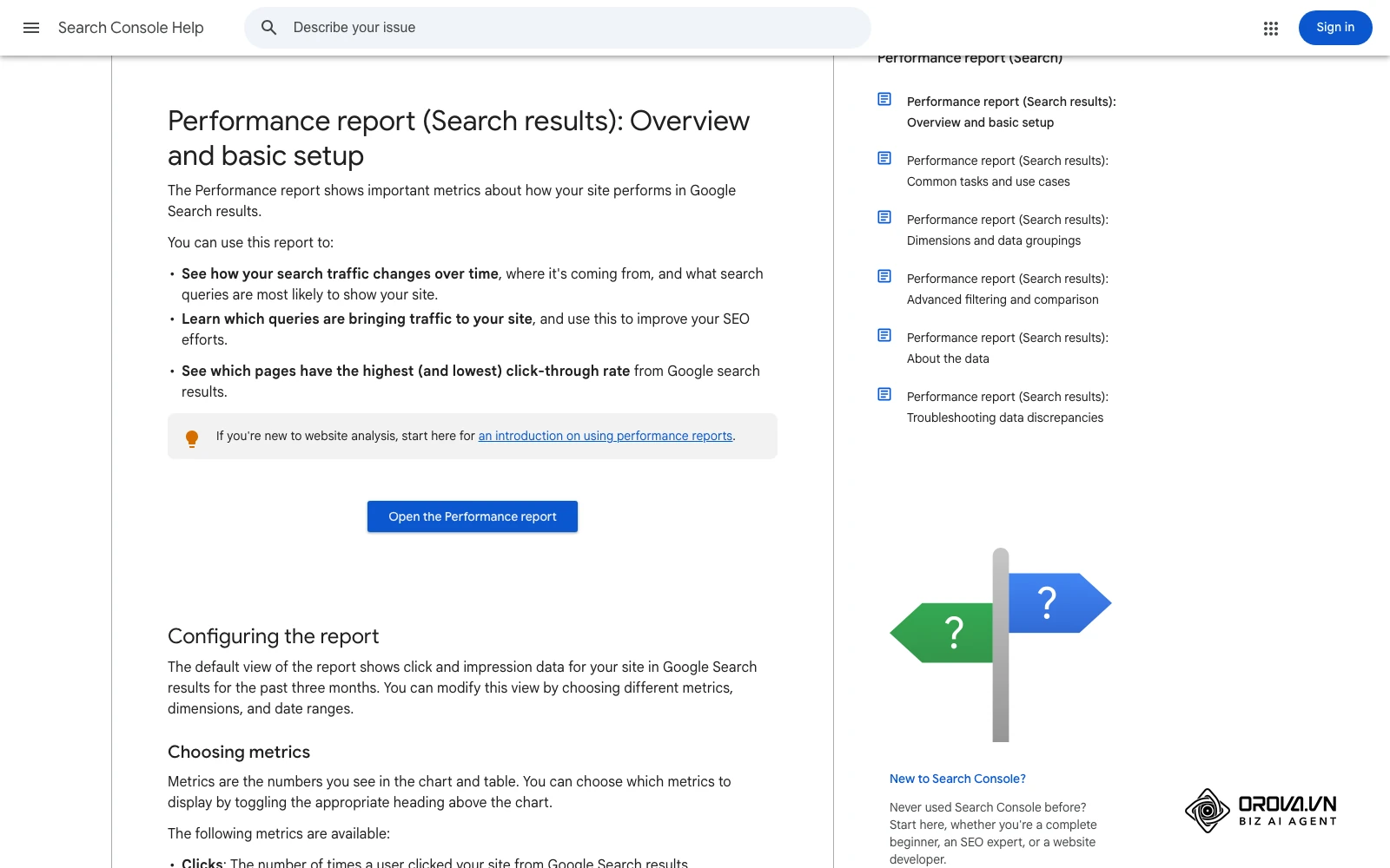 Search Console Help tungkol sa Performance report: clicks, impressions, CTR at average position.
