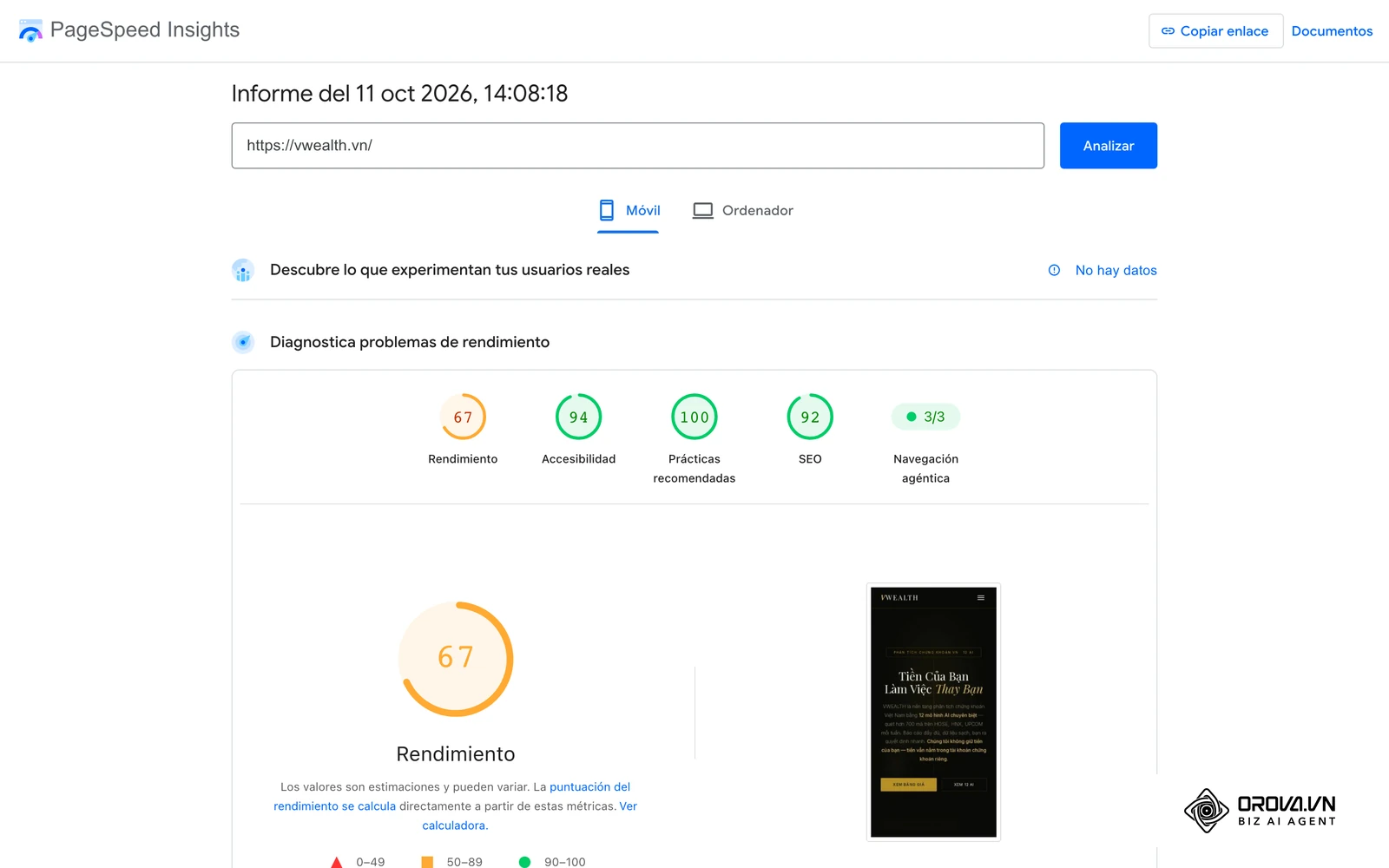 Informe de PageSpeed Insights en móvil para https://vwealth.vn/: Rendimiento 67, Accesibilidad 94, Prácticas recomendadas 100, SEO 92