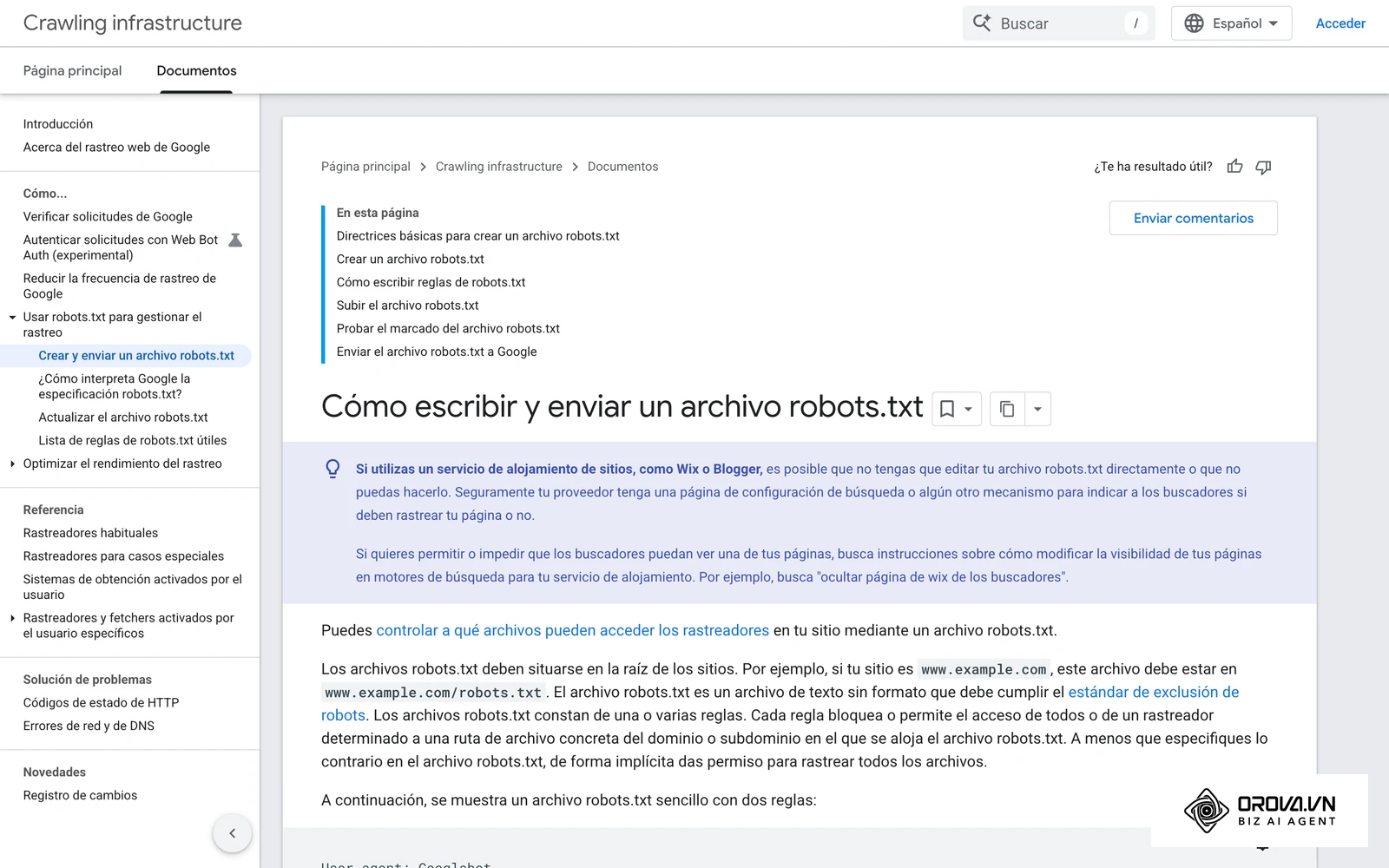 Guía oficial de Google para crear un archivo robots.txt y subirlo a la raíz del sitio.