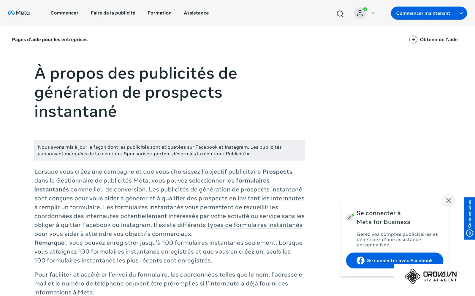 Page d'aide officielle Meta « À propos des publicités de génération de prospects instantané », qui décrit les formulaires instantanés et leurs types.