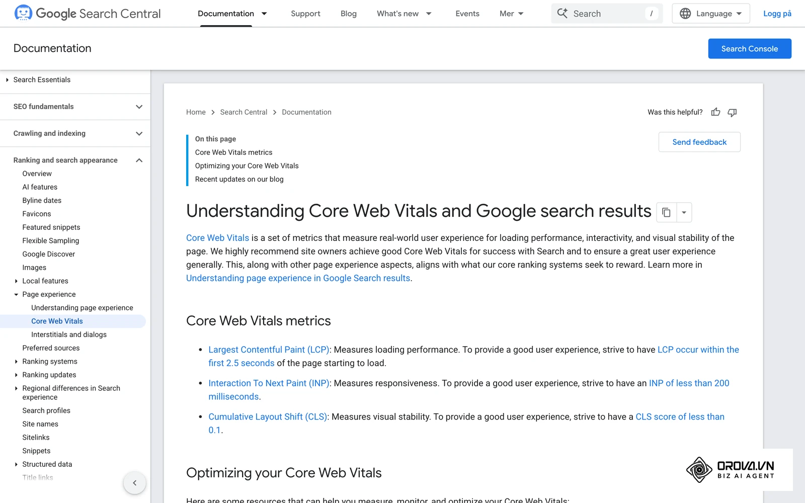 Google Search Central om Core Web Vitals med verdiene for LCP, INP og CLS.