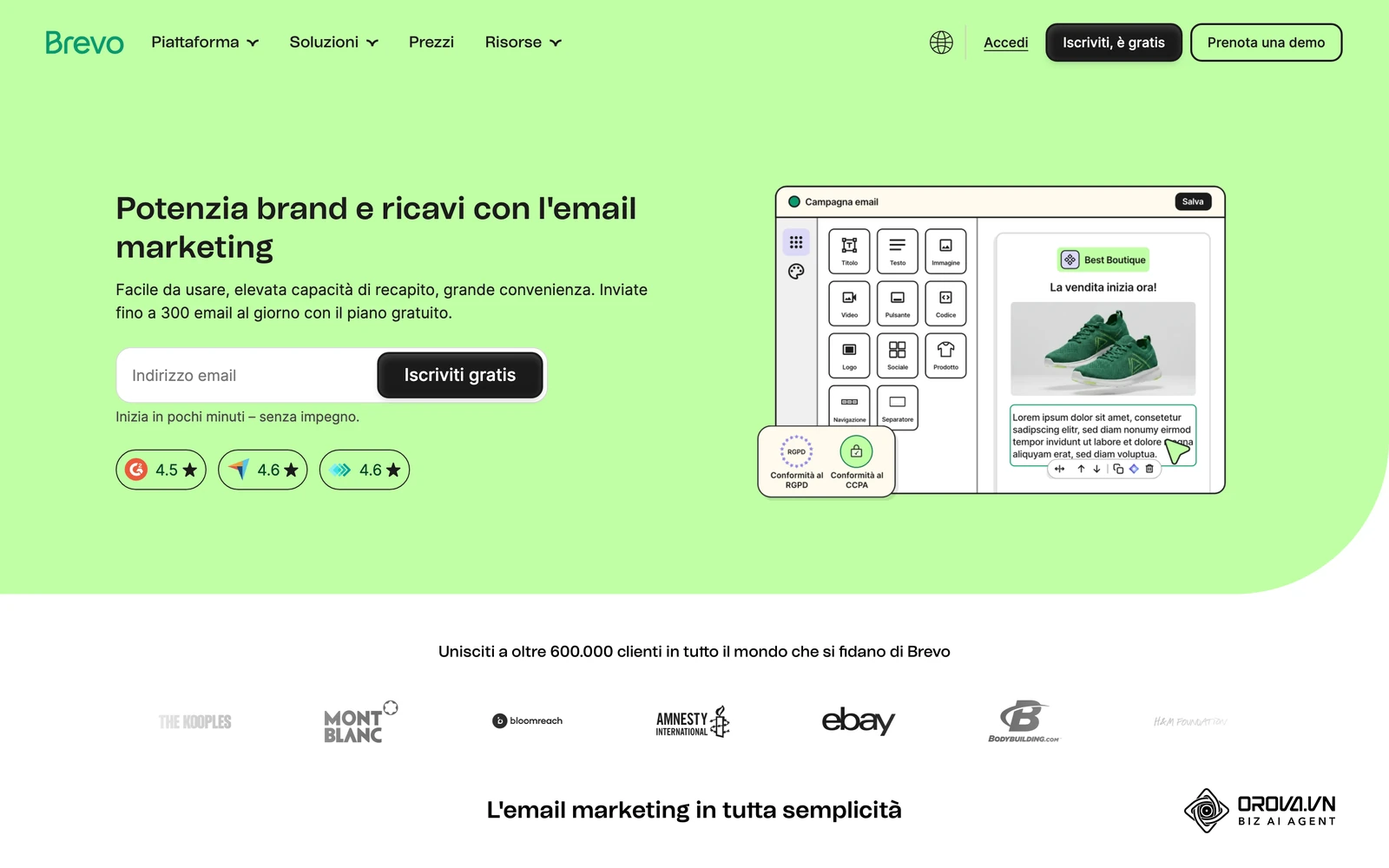 Pagina ufficiale di Brevo sulle funzioni di email marketing, con l'editor delle campagne di un ESP cloud.