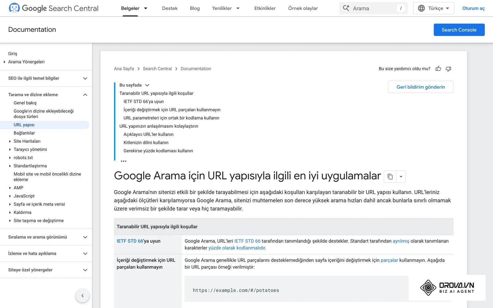 Google Arama Merkezi'nin URL yapısı belgesi: açıklayıcı kelimeler, tire kullanımı ve UTF-8 kodlama önerileri.