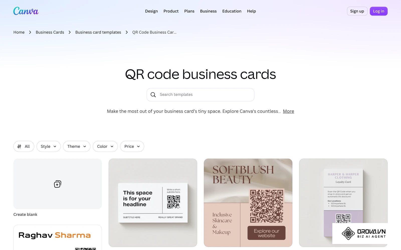 Các mẫu card visit có in mã QR trong thư viện mẫu danh thiếp của Canva: mã QR thường nằm ở mặt sau hoặc góc dưới mặt trước.