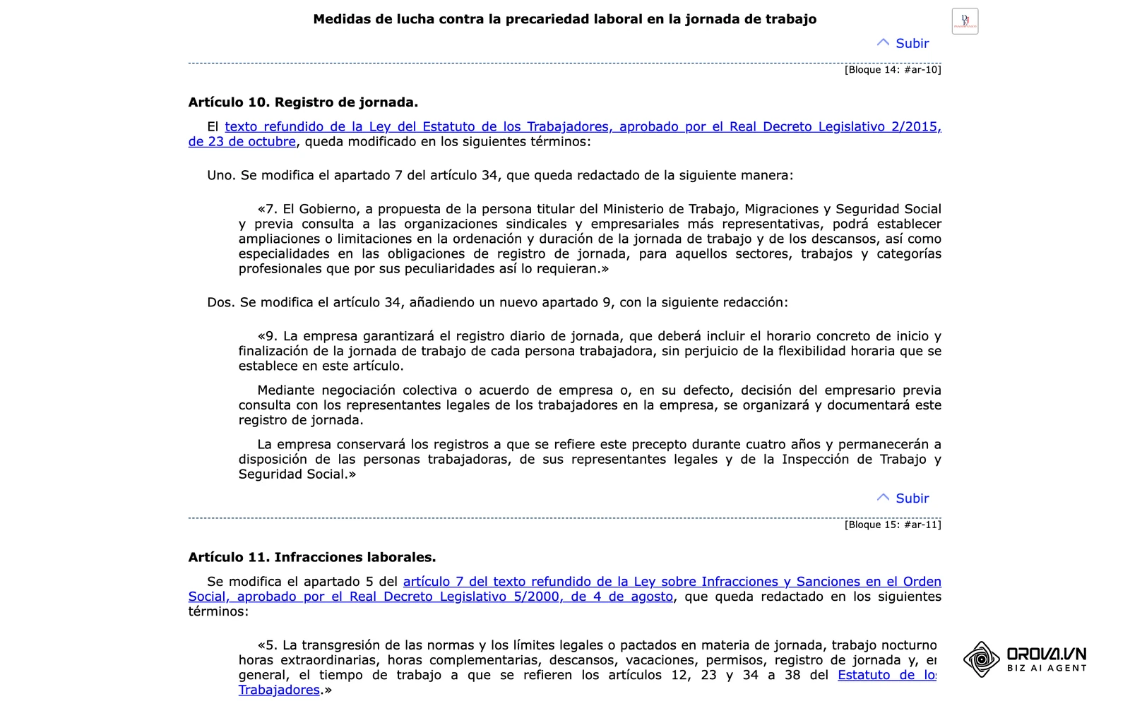 Article 10 del Reial Decret llei 8/2019 al BOE, que va afegir l'apartat 9 (registre de jornada) a l'article 34 de l'Estatut dels Treballadors.