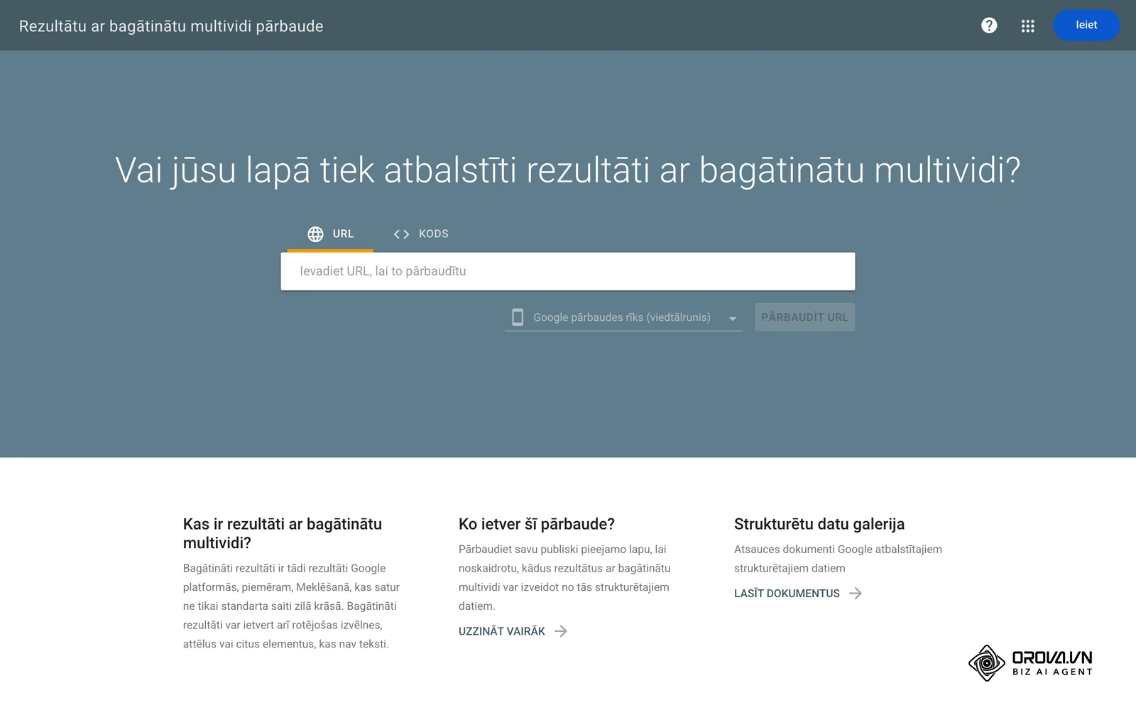 Google “Rezultātu ar bagātinātu multividi pārbaude” (Rich Results Test): ievada lapas URL un nospiež “Pārbaudīt URL”, lai pārbaudītu 11. grupas strukturētos datus.