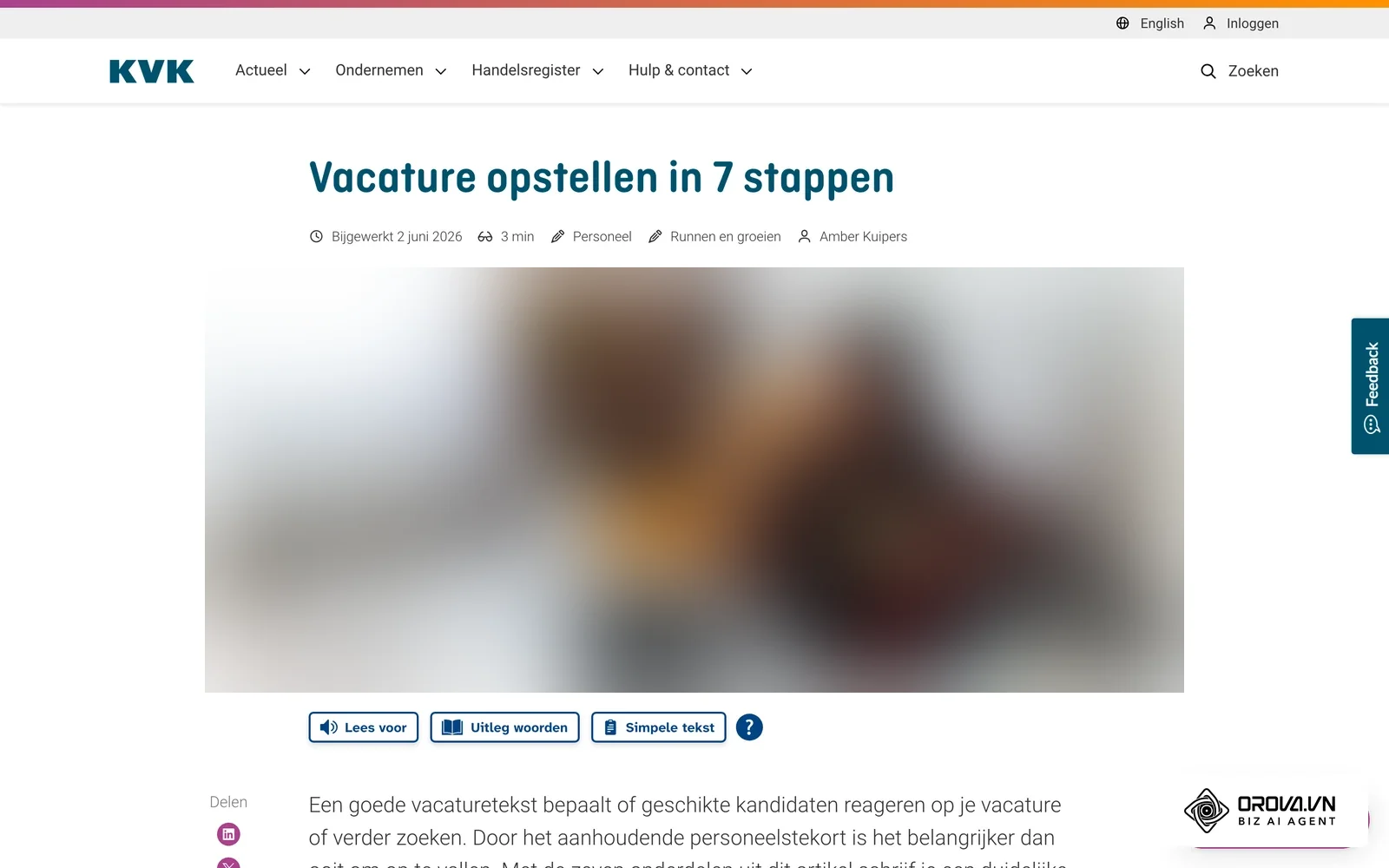 Stappenplan voor het opstellen van een vacature op de website van de Kamer van Koophandel (KVK).