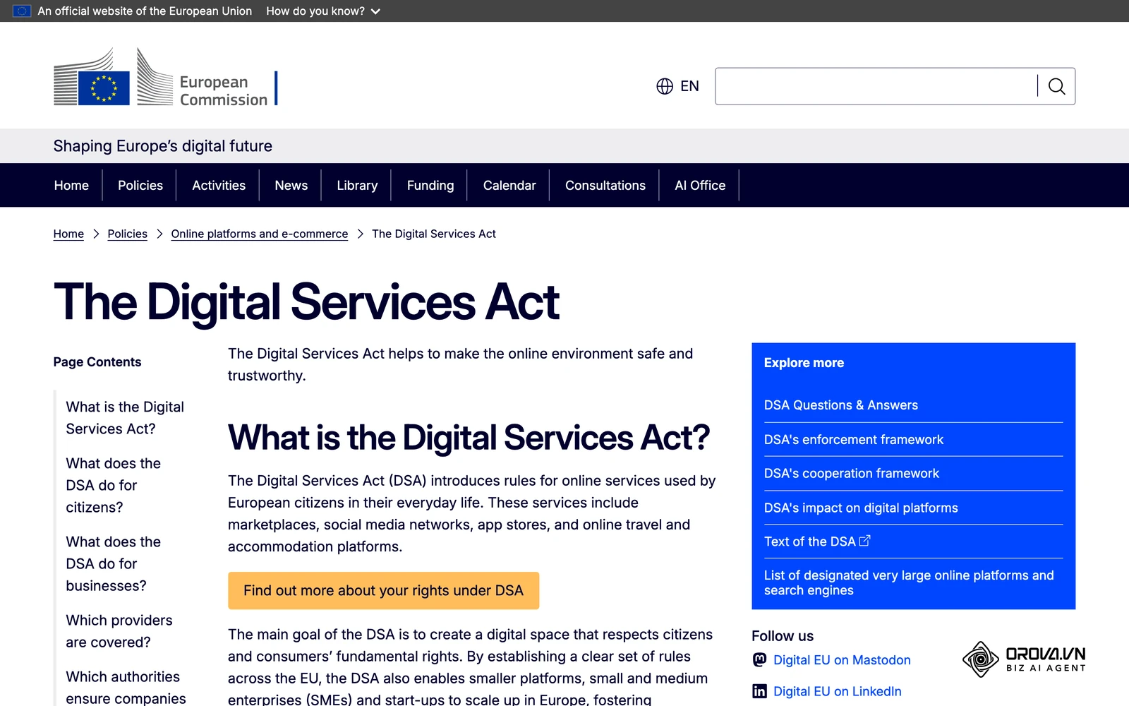 La page de la Commission européenne sur le Digital Services Act, qui encadre la transparence publicitaire des grandes plateformes.