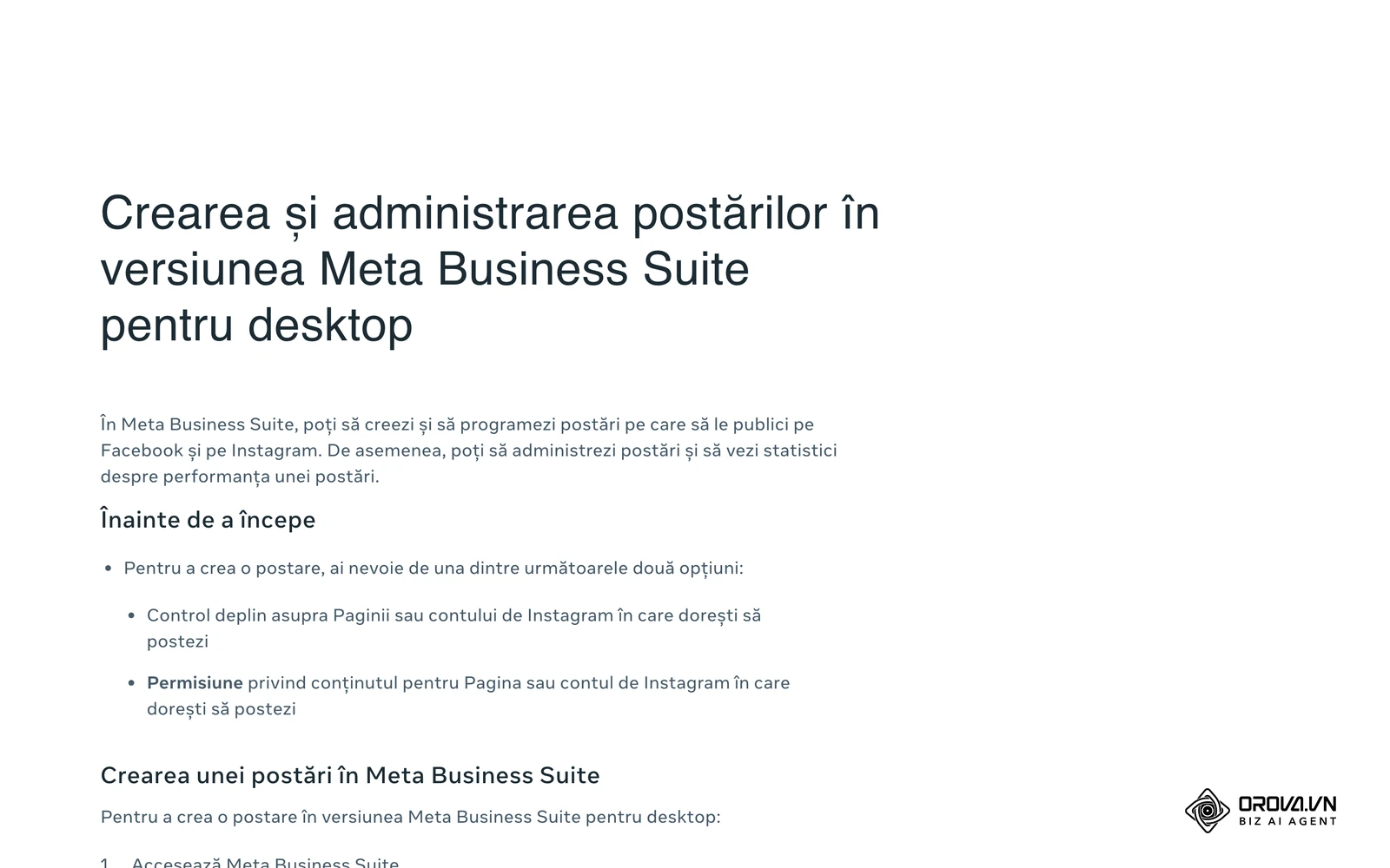 Centrul de ajutor Meta pentru afaceri (în română): crearea și programarea postărilor cu Creează o postare, Postează în, Elemente media și Opțiuni de programare.