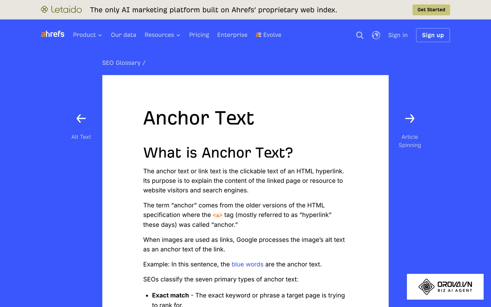 Interface typique pour analyser la répartition des textes d'ancrage et repérer les anomalies.