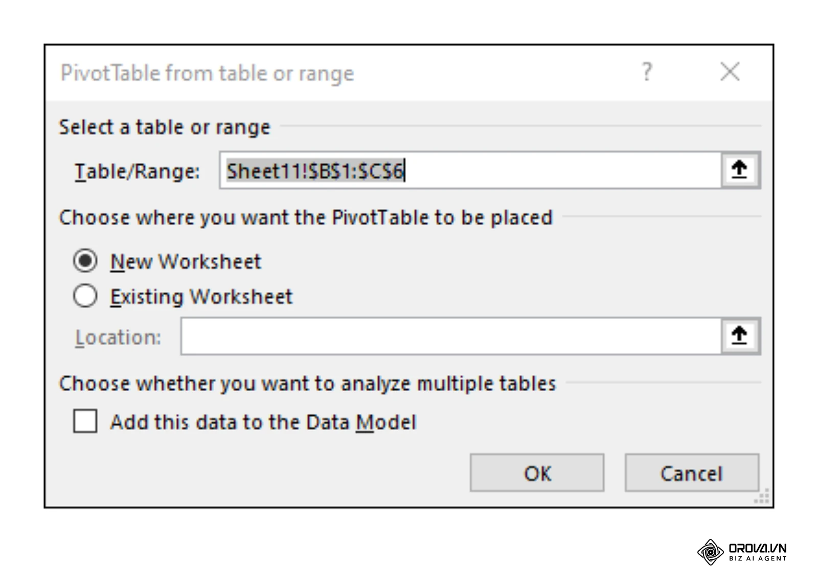 Microsoft Support (inglizcha, en-us): “PivotTable from table or range” oynasi — Table/Range maydoni, New Worksheet va Existing Worksheet tanlovi hamda Location maydoni.