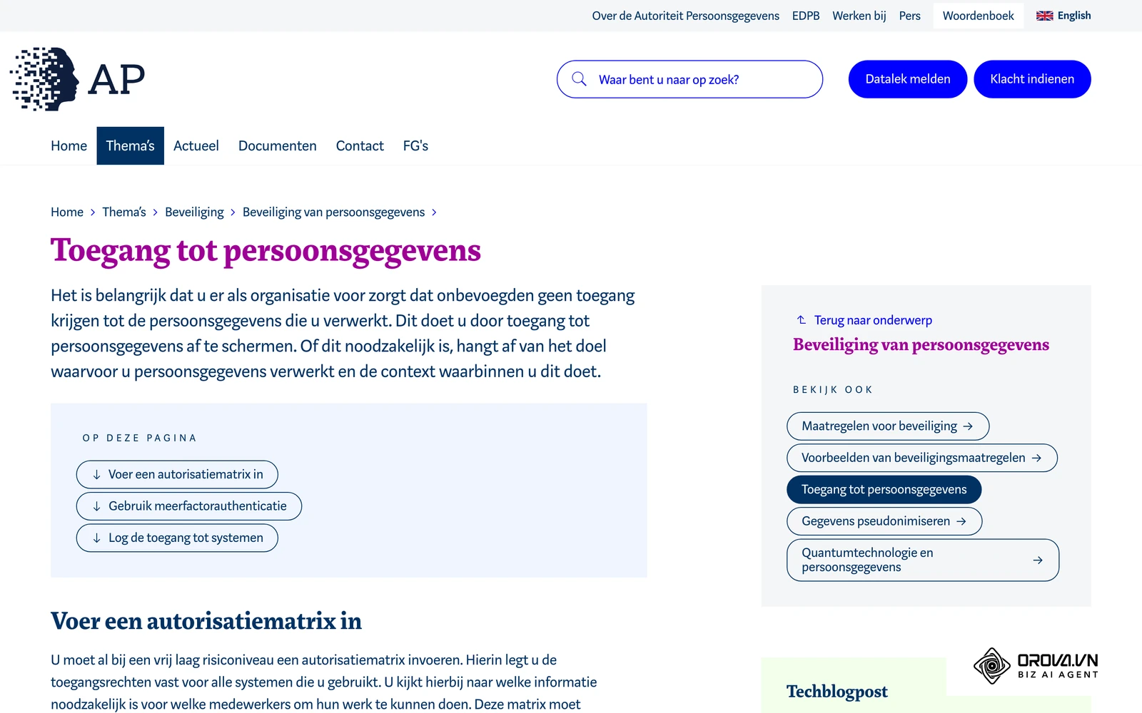 De pagina 'Toegang tot persoonsgegevens' van de Autoriteit Persoonsgegevens, met het advies om een autorisatiematrix in te voeren.