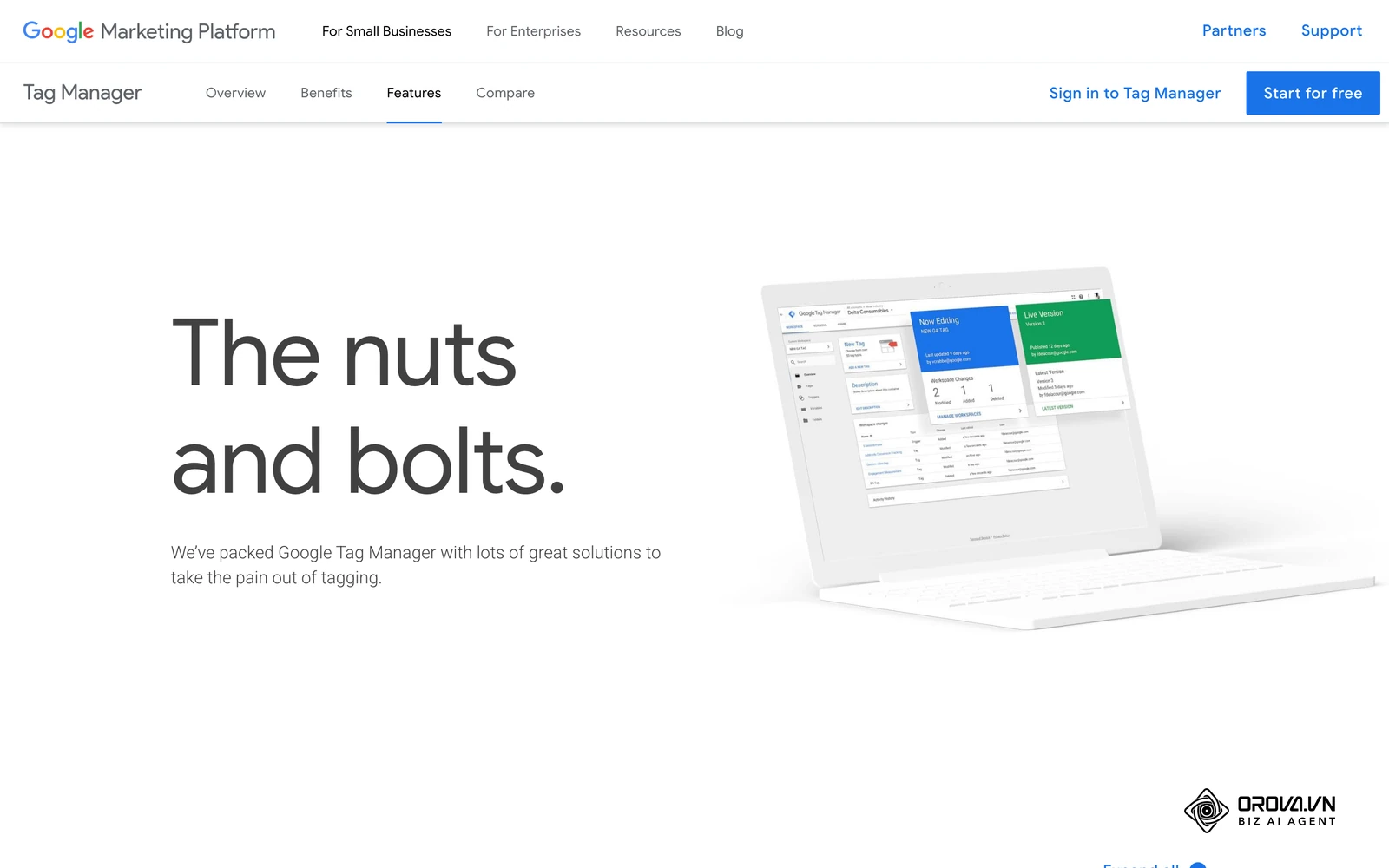 ទំព័រមុខងារផ្លូវការរបស់ Google Tag Manager បង្ហាញរូបអេក្រង់គ្រប់គ្រង Tag, Trigger និង Variable ដែលប្រើសម្រាប់ដាក់កូដ Meta Pixel