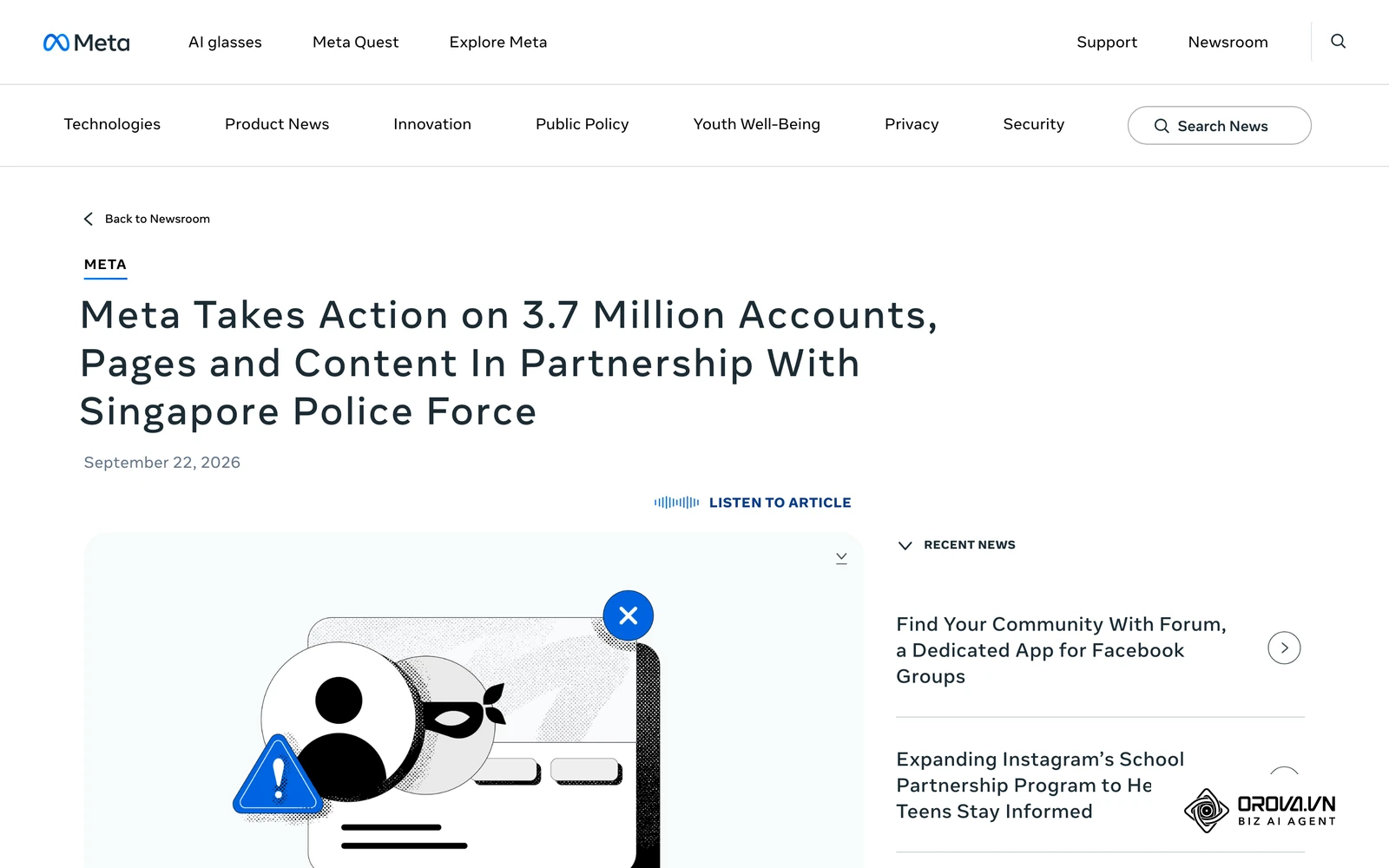 A Meta newsroom post on large-scale enforcement against scam accounts, a reminder that evading restrictions rarely ends well.
