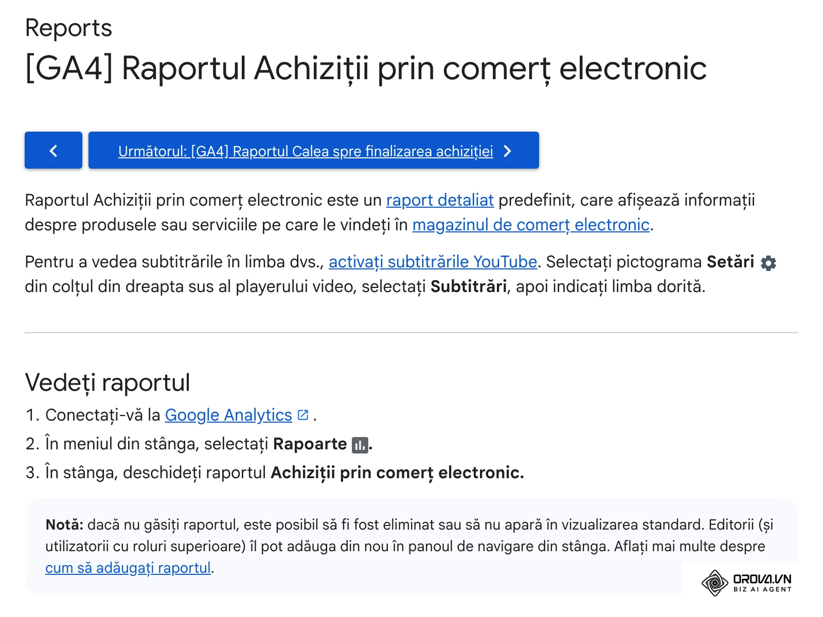 Ajutorul Google Analytics în română: „[GA4] Raportul Achiziții prin comerț electronic”, raportul din care iei veniturile din achiziții pentru formula ROI.