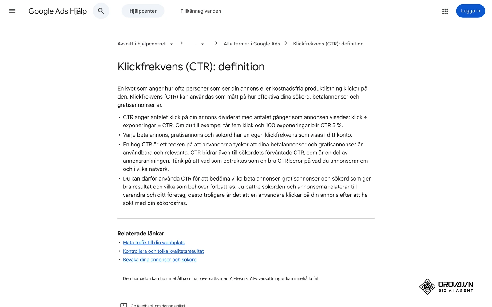 Google Ads hjälpcenter på svenska: definitionen av klickfrekvens (CTR) och hur den beräknas.