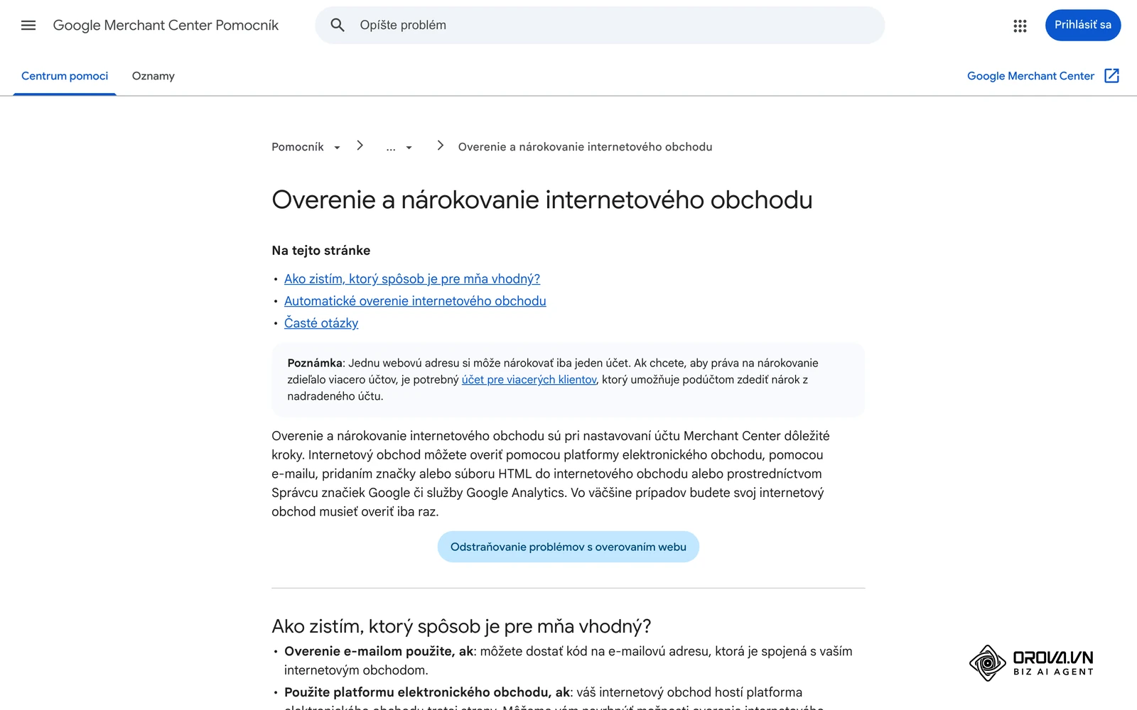 Pomocník Merchant Center: overenie a nárokovanie internetového obchodu a výber spôsobu overenia.