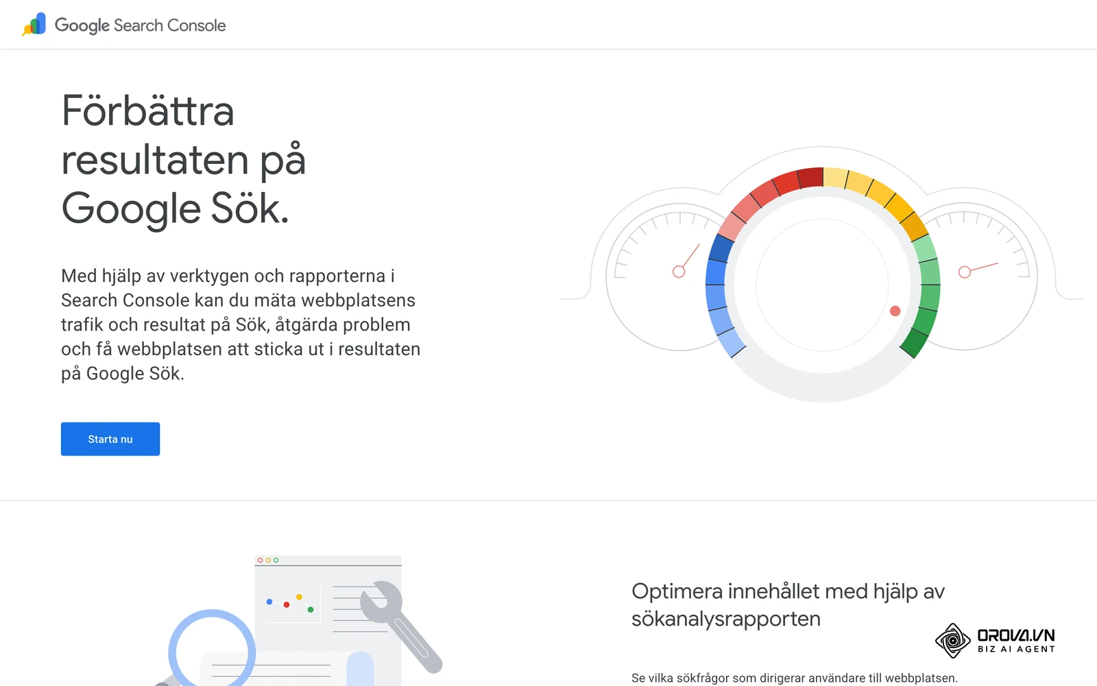 Googles produktsida för Search Console på svenska med rubriken Förbättra resultaten på Google Sök