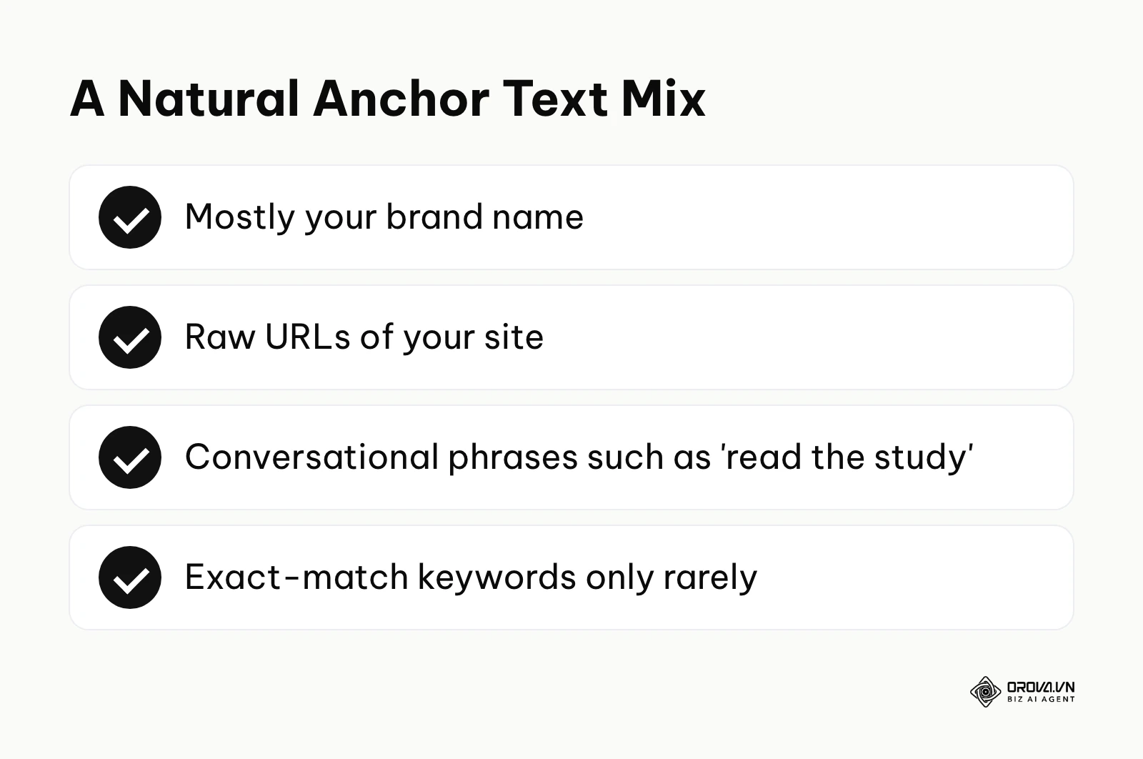 A checklist of natural anchor text types: brand name, raw URLs, conversational phrases, and rare exact-match keywords.