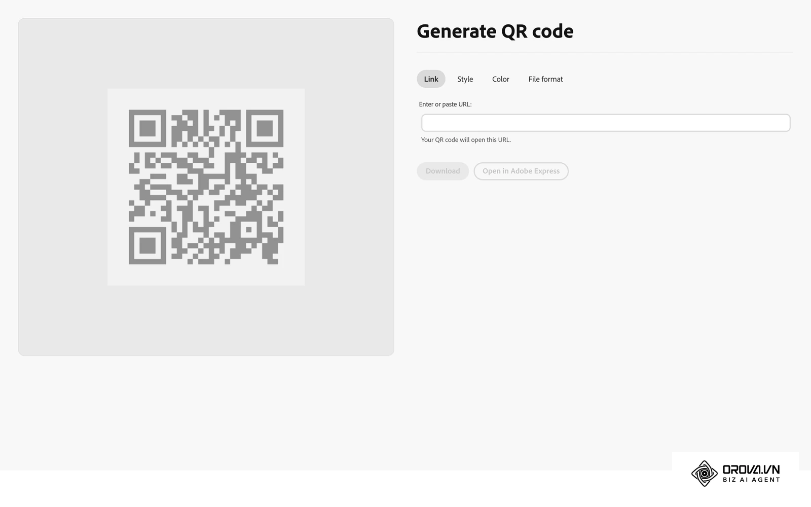 Trình tạo mã QR của Adobe Express với các tuỳ chọn kiểu điểm, kiểu góc định vị và màu trước khi tải tệp.