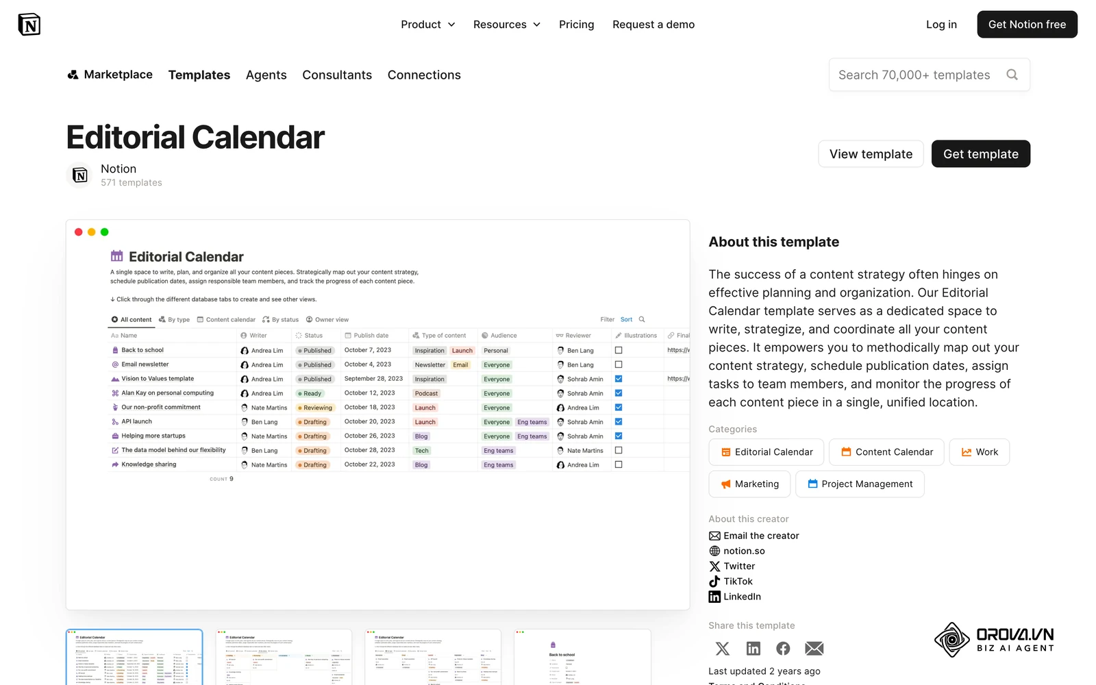 Notion's public Editorial Calendar template: one table of content pieces with writer, status, publish date, content type, audience and reviewer columns.