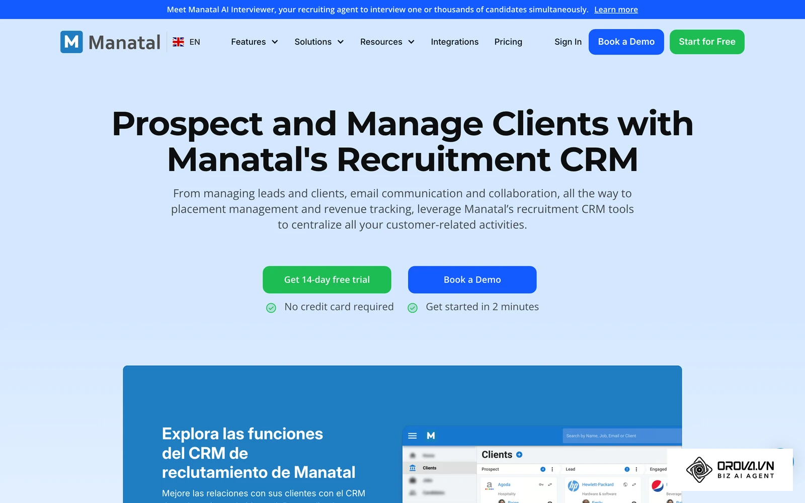 Página oficial del CRM de reclutamiento de Manatal, con una vista de su interfaz de contactos y pipeline.