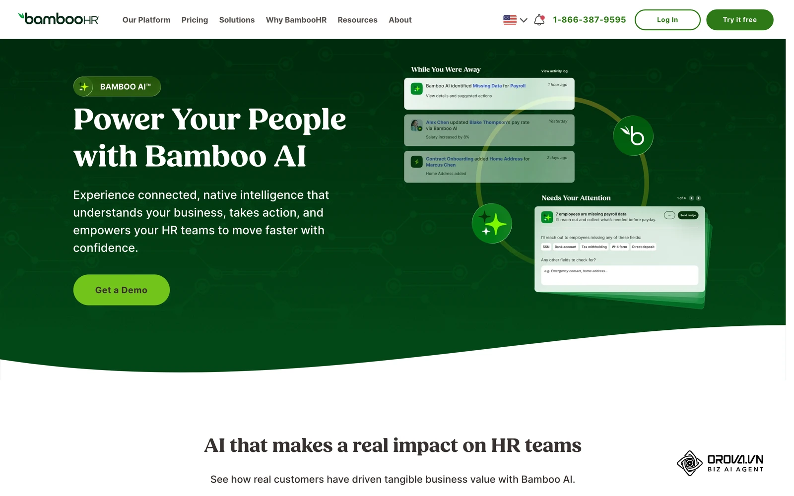 BambooHR's official AI page describing the AI features in its HR platform.
